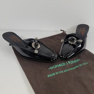Donald J Pliner Black Patent Leather Kitten Heel Mules Size 6M Made In Italy